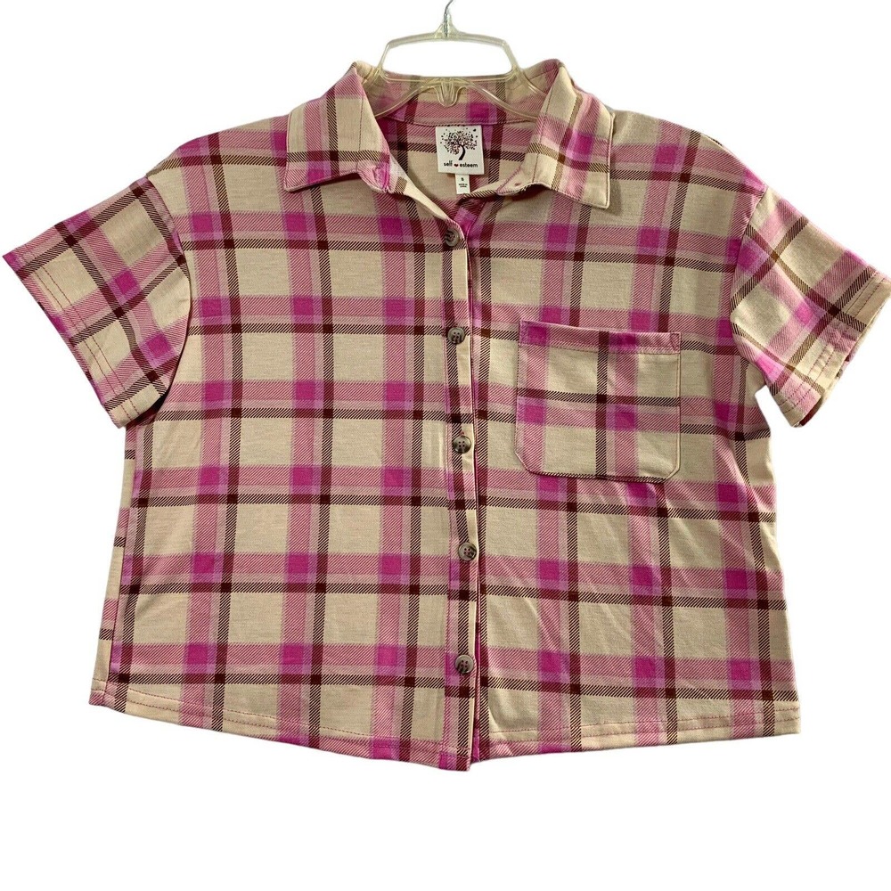 Self Esteem Crop Top Womens Small‎ S Pink Brown Beige Plaid Short Sleeve NWT